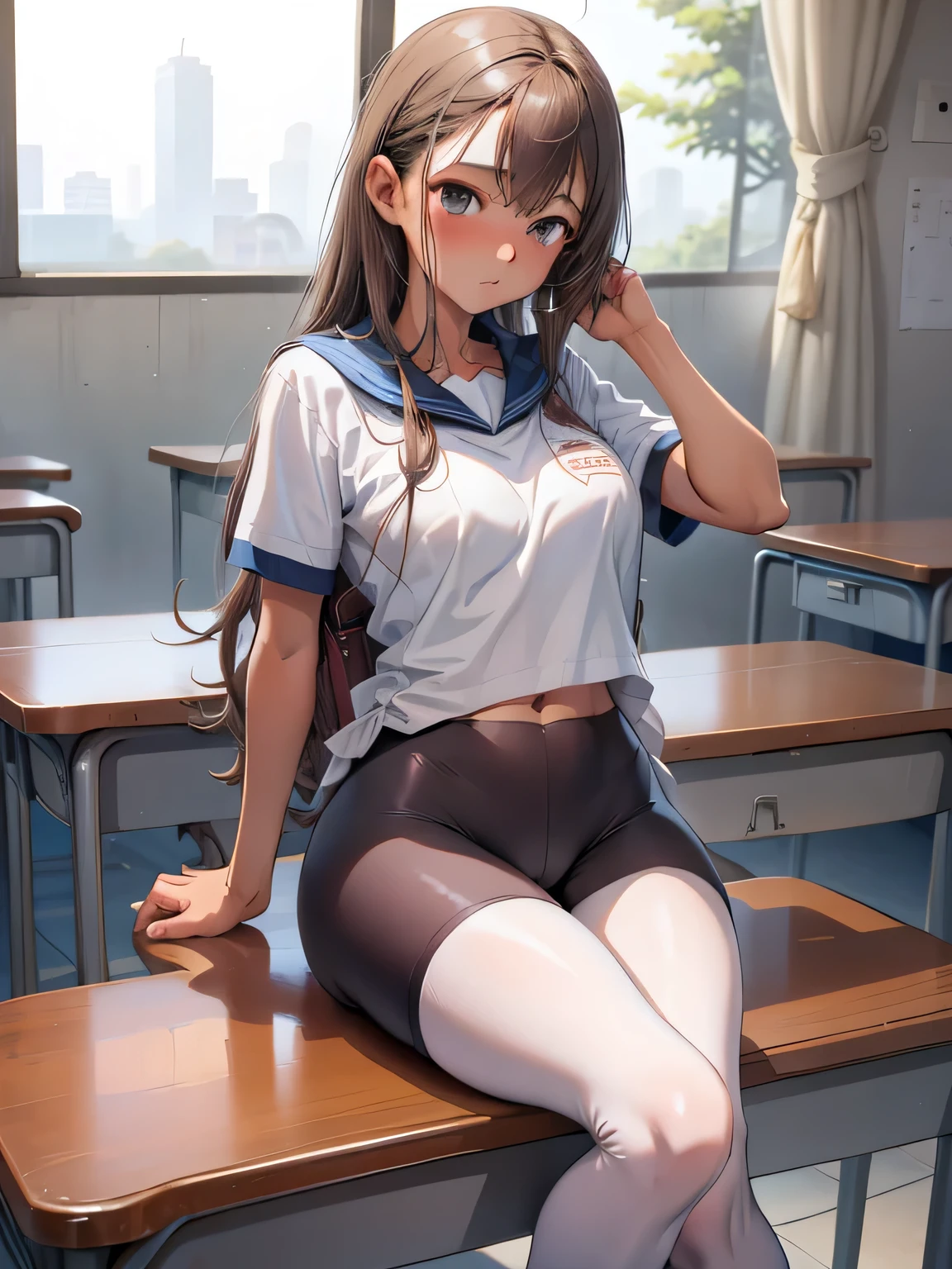 1girl in, Parted lips, blush, makeup, lightsmile, School uniform, Full body, Wide Angle, From  above, crass room, llight rays, Glow, thighs thighs thighs thighs, 鎖骨, Narrow waist, (masutepiece), Wallpaper,Wet body、Micro lingerie that can be seen even over clothes、Drooling、White socks、Drooling from the mouth