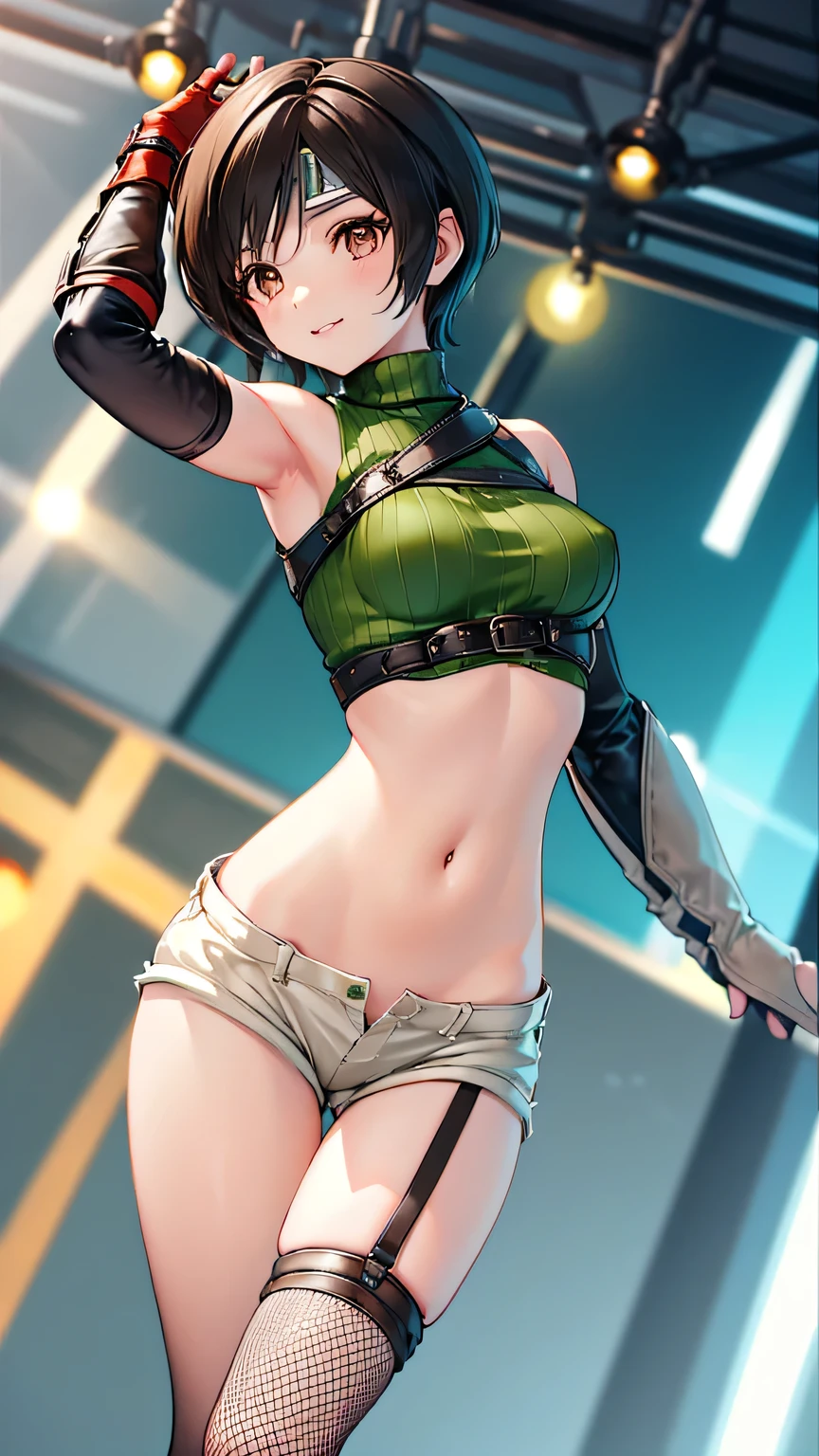 
Yuffie Kisaragi, a distinctive character from the game world of Final Fantasy, known for her black hair and brown eyes. She sports a short pixie cut and is dressed in a crop top, fingerless gloves, fishnet stockings and a forehead protector. Her style is unique with sleeveless turtlenecks and short shorts that expose her belly button. A headband completes her outfit, while single thigh-high socks and gloves complement her sleeves. Her look is completed with a sleeveless turtleneck and thigh highs. The depiction of Yuffie is presented as a masterpiece of the highest quality in an exceptionally high resolution of 8K. Her eyes are particularly highlighted, with beautiful, detailed features that enhance her hyper-realistic appearance. Both her face and body are extremely detailed, with every facet of her anatomy carefully crafted, including perfect hands and anatomy. The scene shows Yuffie in a typical cowboy shot, looking directly at the viewer. The image is placed indoors, with the lighting perfectly adjusted to bring out its details to the fullest. The overall presentation of the image is an homage to the character and his defining features, brought to life through the illustration in stunning quality and detail, raised legs, pretty smile, covered nipples, thighs, 