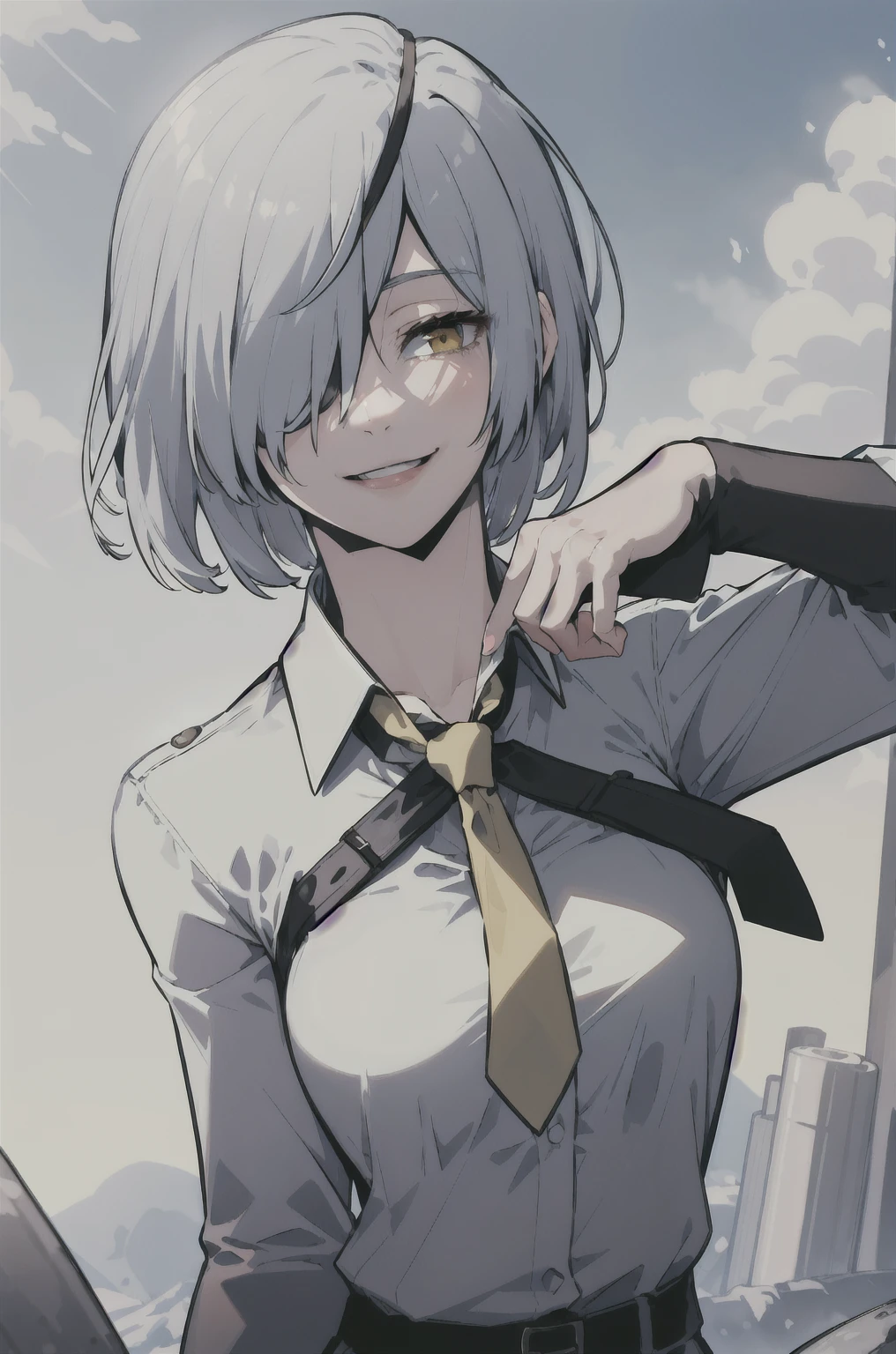 masterpiece, best quality, outdoors, short hair, silver hair, yellow eyes, hair over one eye, wind, close-up, large breasts, (necktie:0.9), smile, hand up,