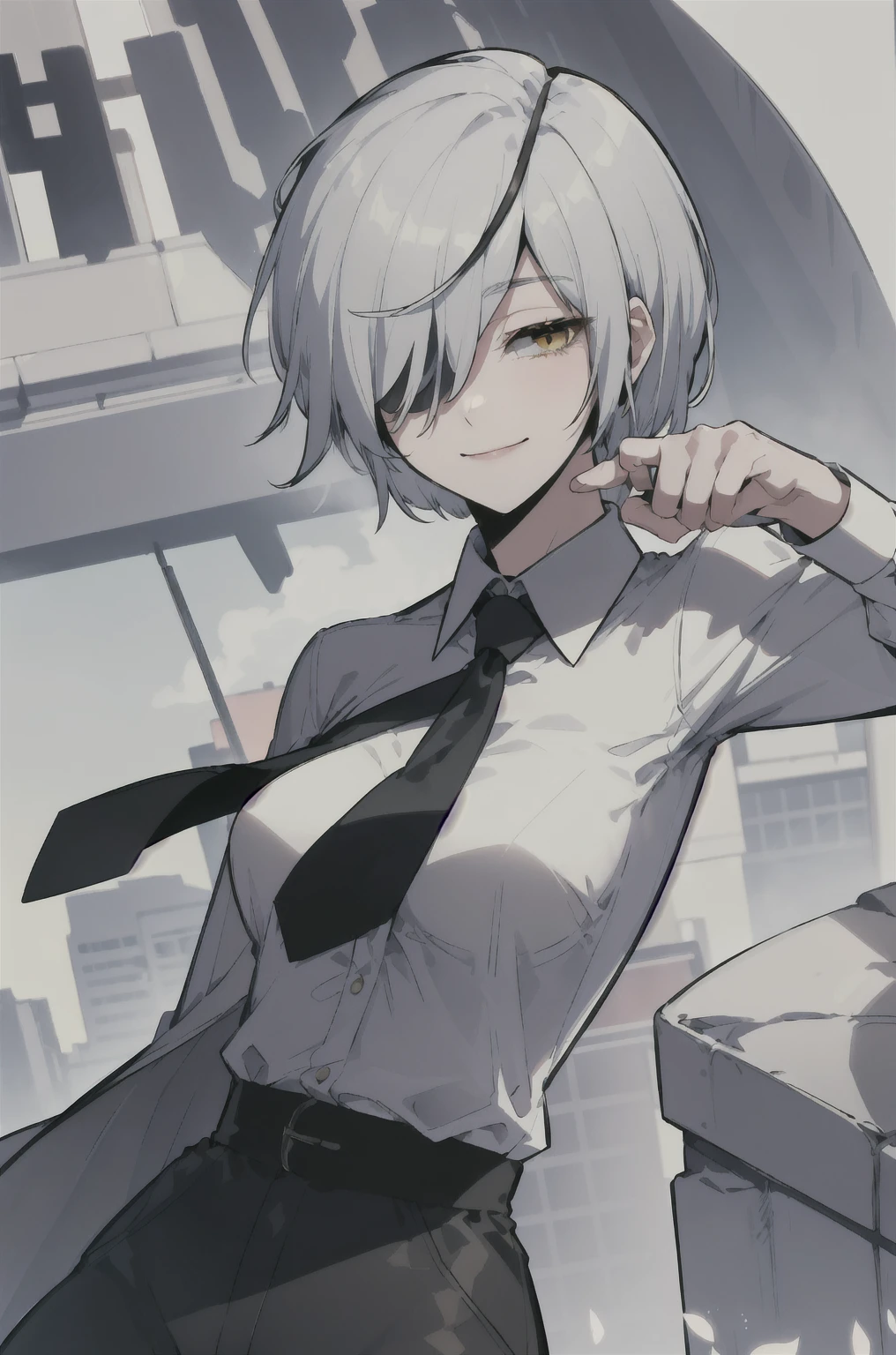 masterpiece, best quality, outdoors, short hair, silver hair, yellow eyes, hair over one eye, wind, close-up, large breasts, (necktie:0.9), smile, hand up,