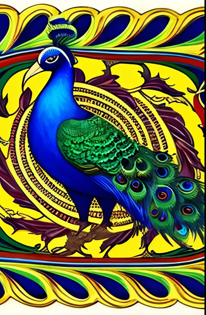 Elegant and vibrant peacock illustration, showcasing intricate patterns and a rich palette of blues, greens, and golds. The detailed design captures the peacock's feathers in an artistic, almost surreal style, blending natural elements with fanciful embellishments. The composition evokes a sense of grace and majesty, highlighted by the harmonious flow of curves and ornate details.