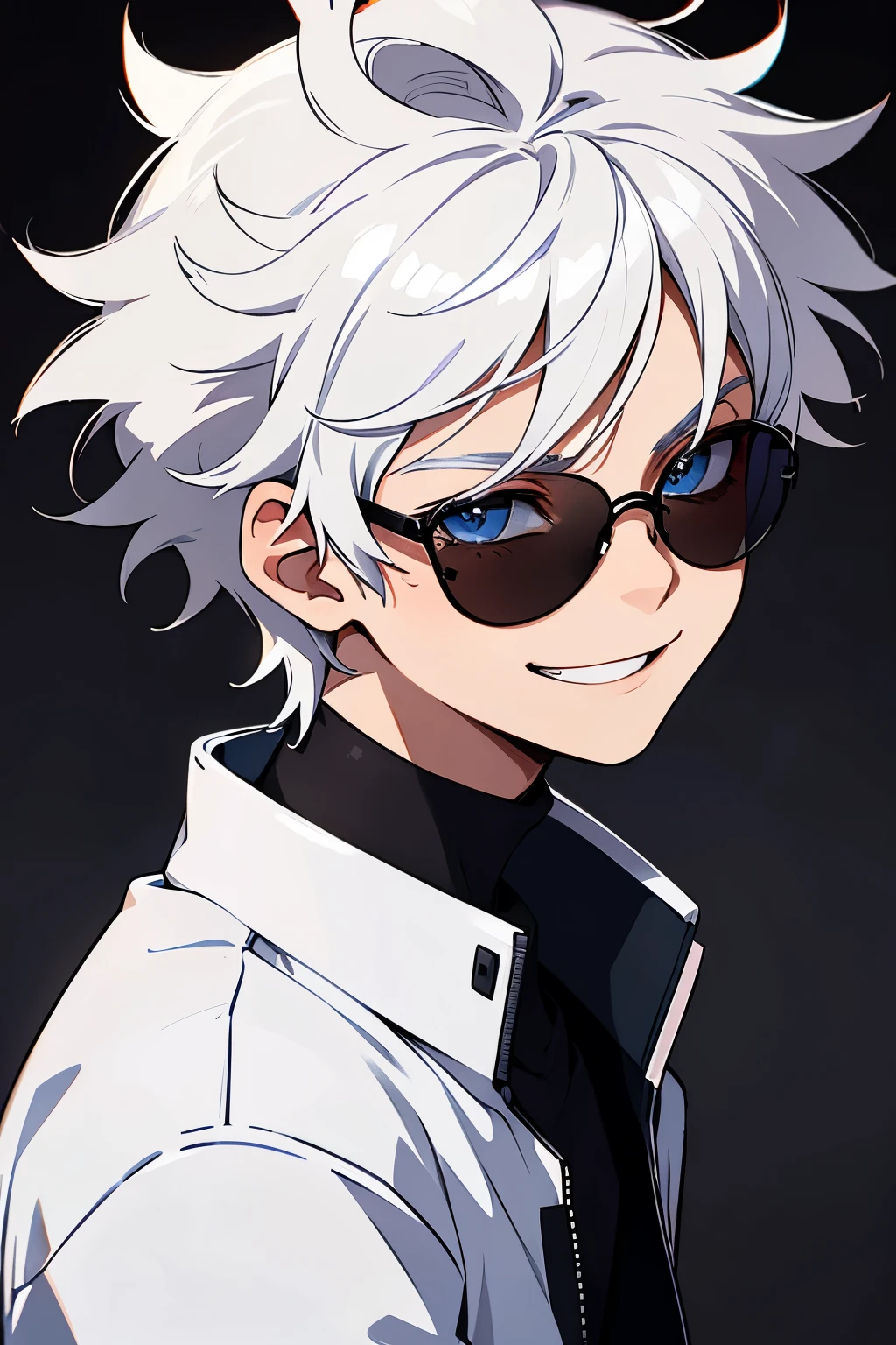 A young teenage man, with light skin, with blue eyes, with white hair, hair medium sized, Messy hair, wearing dark sunglasses, wearing a black turtleneck shirt, smiling with your mouth closed.
