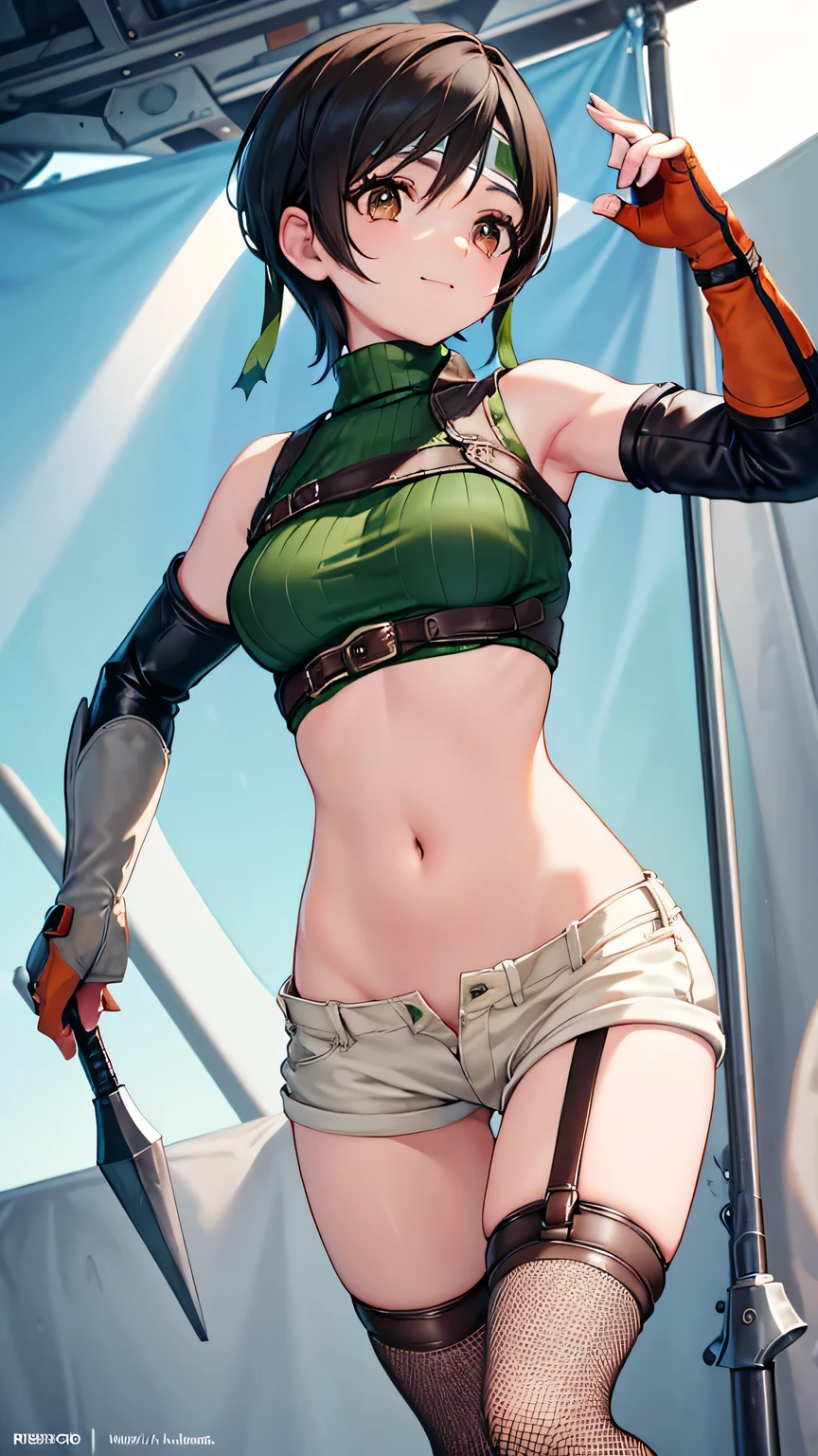 
yuffie kisaragi, a distinctive character from the game world of Final Fantasy, known for her black hair and brown eyes. She sports a short pixie cut and is dressed in a crop top, fingerless gloves, fishnet stockings and a forehead protector. Her style is unique with sleeveless turtlenecks and short shorts that expose her belly button. A headband completes her outfit, while single thigh-high socks and gloves complement her sleeves. Her look is completed with a sleeveless turtleneck and thigh highs. The depiction of Yuffie is presented as a masterpiece of the highest quality in an exceptionally high resolution of 8K. Her eyes are particularly highlighted, with beautiful, detailed features that enhance her hyper-realistic appearance. Both her face and body are extremely detailed, with every facet of her anatomy carefully crafted, including perfect hands and anatomy. The scene shows Yuffie in a typical cowboy shot, looking directly at the viewer. The image is placed indoors, with the lighting perfectly adjusted to bring out its details to the fullest. The overall presentation of the image is an homage to the character and his defining features, brought to life through the illustration in stunning quality and detail, raised legs, pretty smile, covered nipples, thighs, Standing on a huge rock、