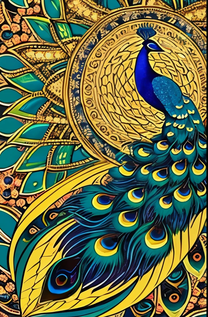 Elegant and vibrant peacock illustration, showcasing intricate patterns and a rich palette of blues, greens, and golds. The detailed design captures the peacock's feathers in an artistic, almost surreal style, blending natural elements with fanciful embellishments. The composition evokes a sense of grace and majesty, highlighted by the harmonious flow of curves and ornate details.