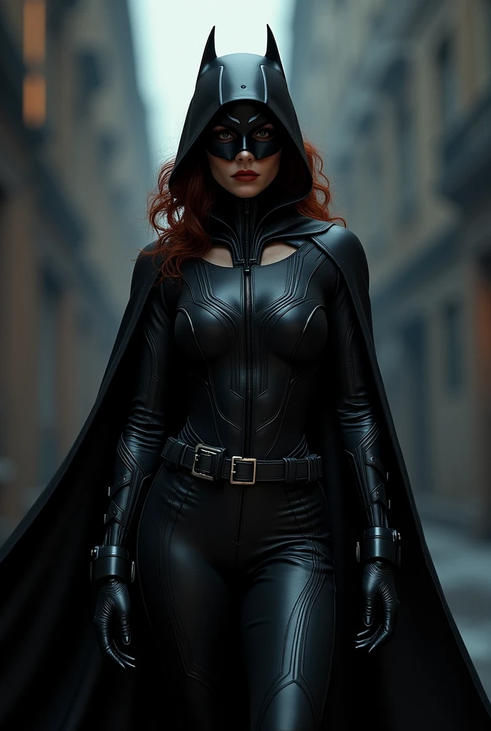 Black Cat: A mysterious and agile woman clad in a classic black catsuit, complete with black gloves, boots, and a mask that conceals her identity. Her suit has subtle dark blue highlights that catch the light as she moves. Her sleek, black hair flows in the wind, and she is crouched in a shadowy alley, her eyes glowing with a mischievous glint. The setting is a dark, gritty urban environment with only the faint glow of streetlights.