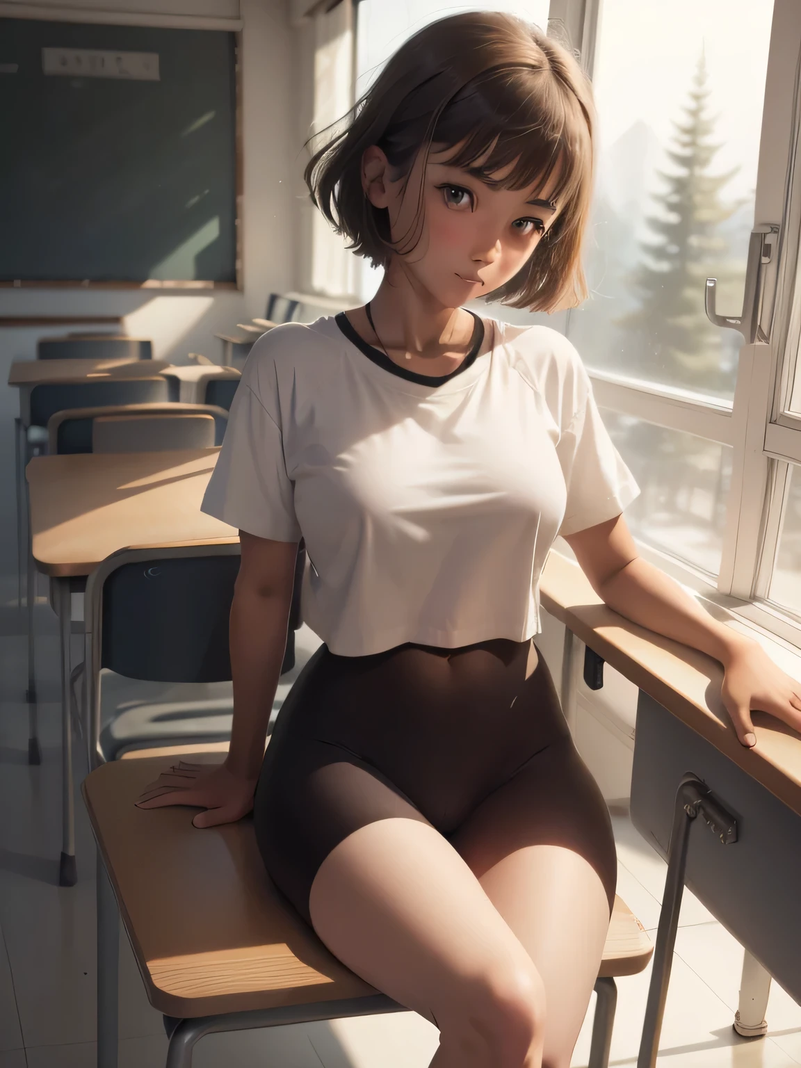 Wearing a U-neck T-shirt:1.5、White Pantyhose、Black Bike Shorts、Wearing bike shorts over pantyhose、short hair、Brown Hair、Sunburned skin、Dark brown skin、Like the whole body、Big Breasts 、Beautiful feet、Big Ass、School classroom、Beautiful feet、Sitting with legs apart on a desk in the classroom、Expressionless、Red face、Emphasis on the groin、Junior high school girl、