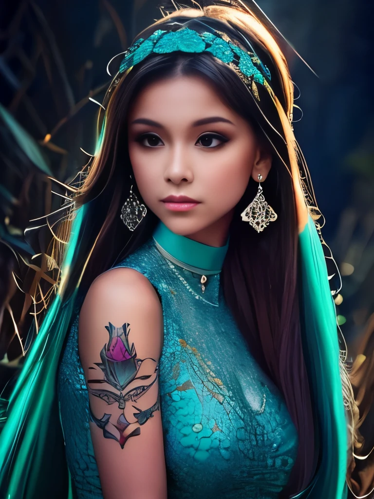 Elaborate fantasy-inspired attire adorned with intricate patterns and a turquoise color scheme, complemented by a large feathered headband. The long, flowing, platinum hair is styled with multiple accessories, including a matching choker and gemstone earrings. The pose is confident, with attention to detailed tattoos on the upper arm. The background is an enchanting, star-lit sky with hints of distant mystical structures, illuminated by soft ambient lighting, creating a magical and dreamy atmosphere.