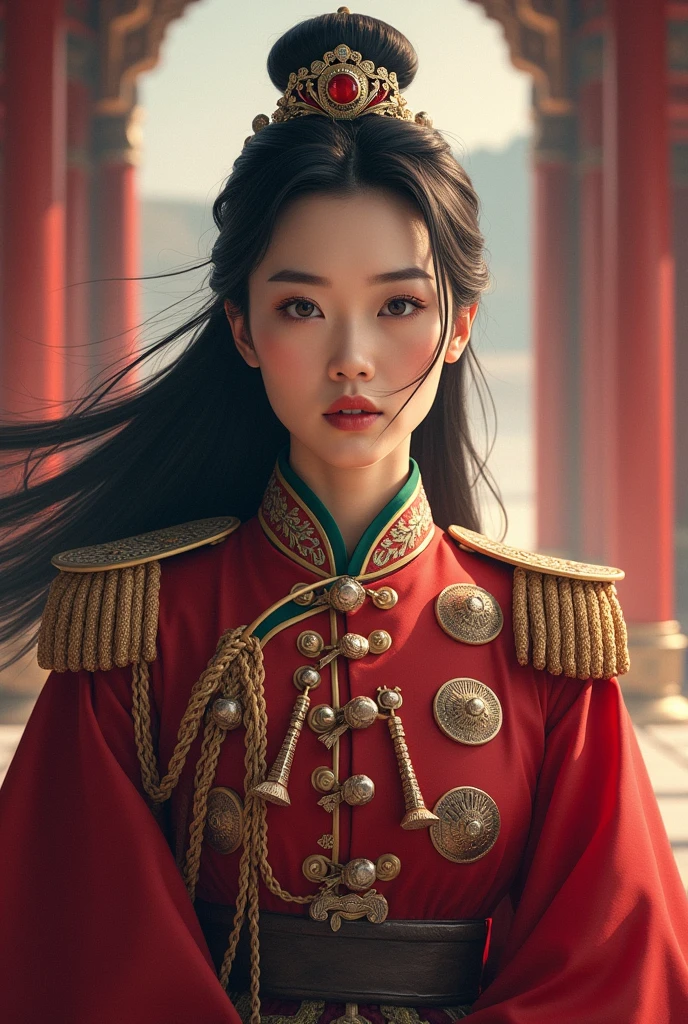 (best quality, master part, Melhor_qualidade, circunstanciado:1.5),Female Fighter in the Chinese Civil War: Wearing used civilian clothes or military-style uniforms, wearing worn headscarf or hat, and a faded flag patch of either the People's Republic of China or the Republic of China depending on the affiliation, with black hair tied in a bun and captivating brown eyes in an epic Chinese landscape