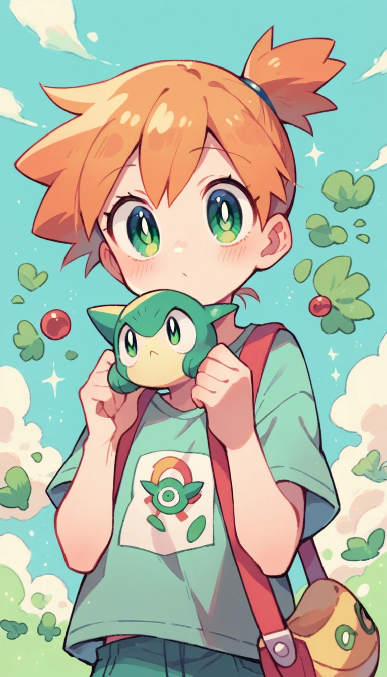 Character pokemon, 1 girl , Misty , cute , big eyes , green oasis eyes , dynamic image, 