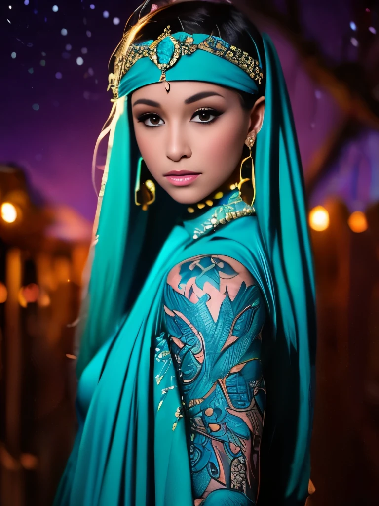 Elaborate fantasy-inspired attire adorned with intricate patterns and a turquoise color scheme, complemented by a large feathered headband. The long, flowing, platinum hair is styled with multiple accessories, including a matching choker and gemstone earrings. The pose is confident, with attention to detailed tattoos on the upper arm. The background is an enchanting, star-lit sky with hints of distant mystical structures, illuminated by soft ambient lighting, creating a magical and dreamy atmosphere.