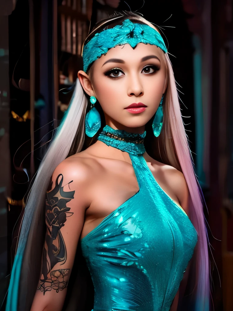 Elaborate fantasy-inspired attire adorned with intricate patterns and a turquoise color scheme, complemented by a large feathered headband. The long, flowing, platinum hair is styled with multiple accessories, including a matching choker and gemstone earrings. The pose is confident, with attention to detailed tattoos on the upper arm. The background is an enchanting, star-lit sky with hints of distant mystical structures, illuminated by soft ambient lighting, creating a magical and dreamy atmosphere.