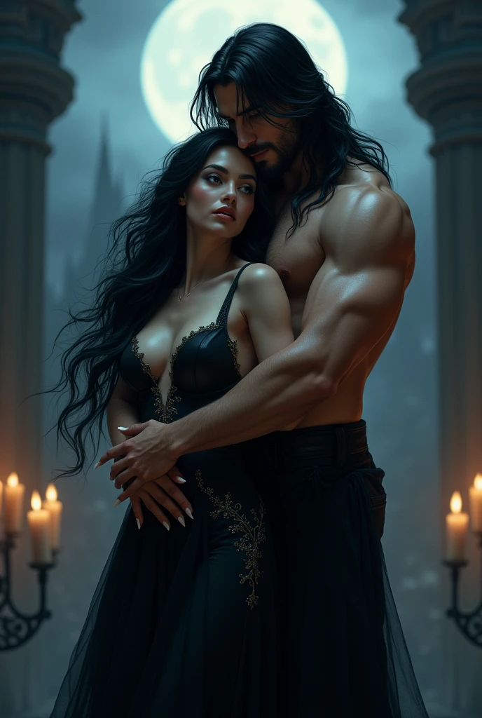 In the heart of a breathtakingly realistic work of art, a Lobisomem, or werewolf, transitions mid-form under the cover of night. His muscles ripple and fur sprouts from his skin in an intricately detailed transformation. He stands before an adult vampire woman, her sleek leather attire hugging her curves in a seductive manner. Her long, jet-black hair cascades down her back, veiling her face as she puts up a fierce resistance. The captivating scene is brought to life through fantasic realism, with each detail meticulously rendered for the ultimate sensory experience.