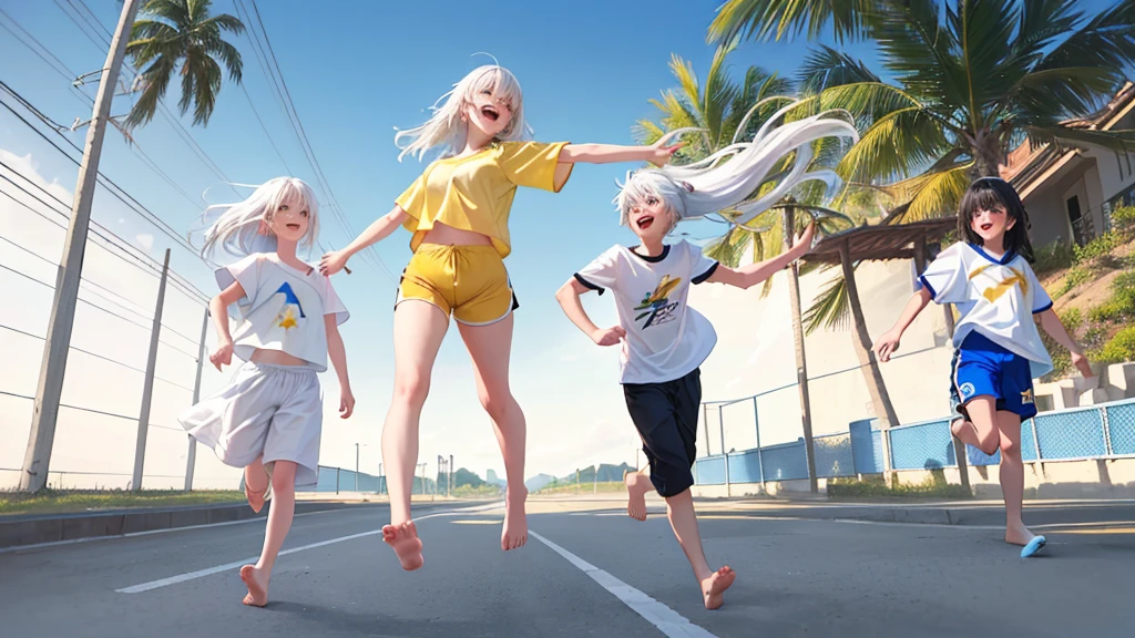 Walking barefoot together, then playfully racing ahead, they shared a joyful moment. The older figure has flowing white hair, a yellow shirt, and red shorts, while the younger one wears a blue and white shirt and black shorts. The setting is characterized by soft shades and an energetic, lively atmosphere.