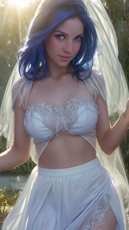 (best quality,ultra-detailed),(realistic:1.37),transparent water,blue butterfly,beautiful detailed eyes,beautiful detailed lips,sparkling,airy,ethereal,soft sunlight,calm,serene,white gauze skirt,vivid colors