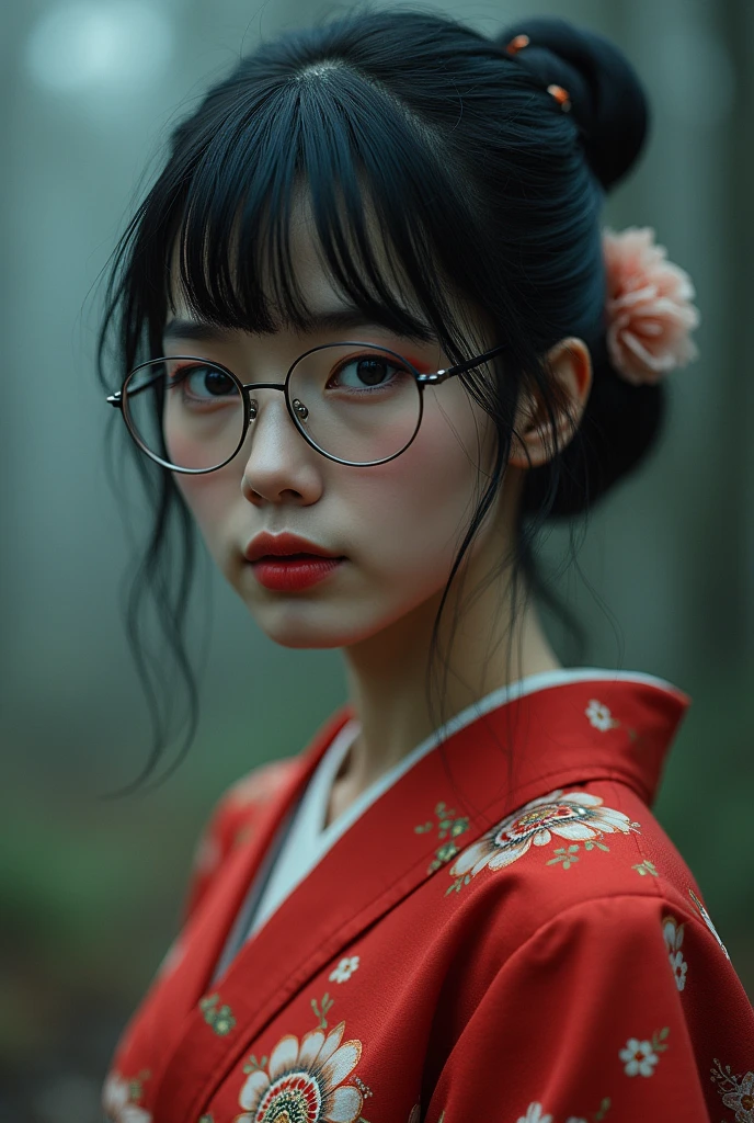 Photograph of a dark-haired woman in a kimono wearing glasses with autumn leaves and Japan shoot cut