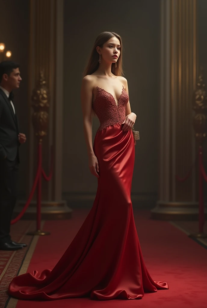 A woman standing in a red dress in a room