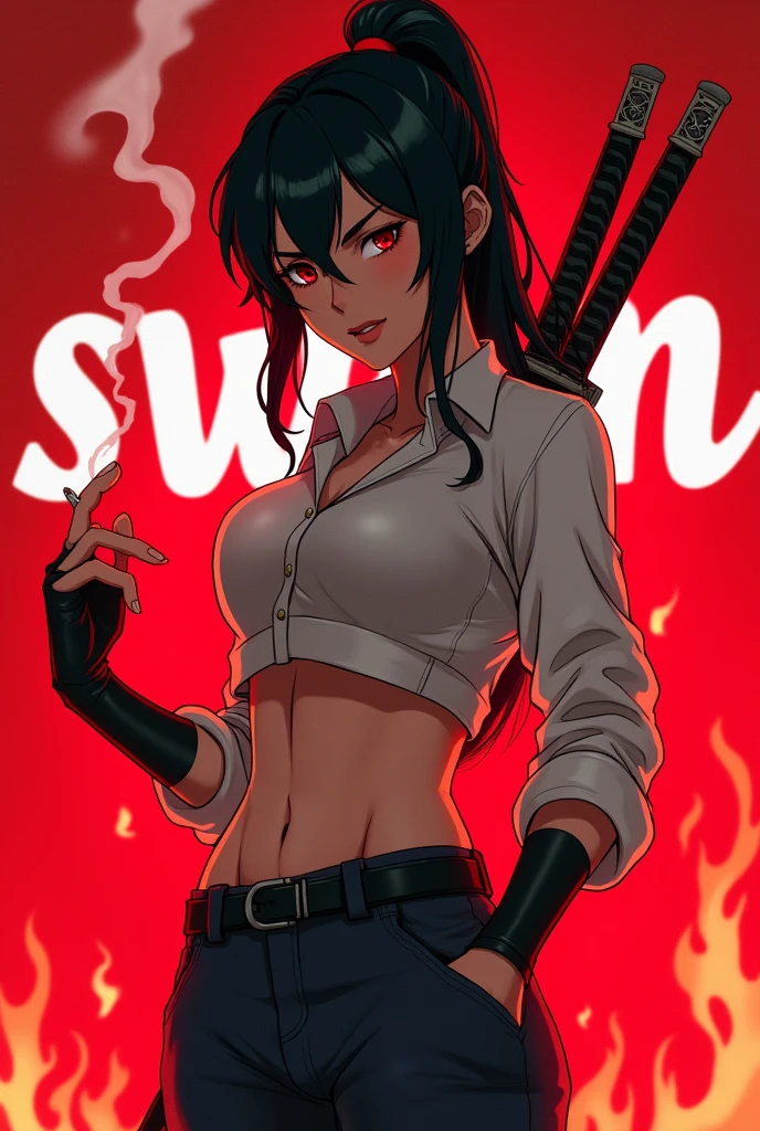 Ines(Arknights),black hair,caprinae horn(red),curvy body, medium breast,big thighs,wears oversized black jacket,no shirt,no pants,arms in pocket,smoking cigars,midnight setting,sans art style, nsfw.