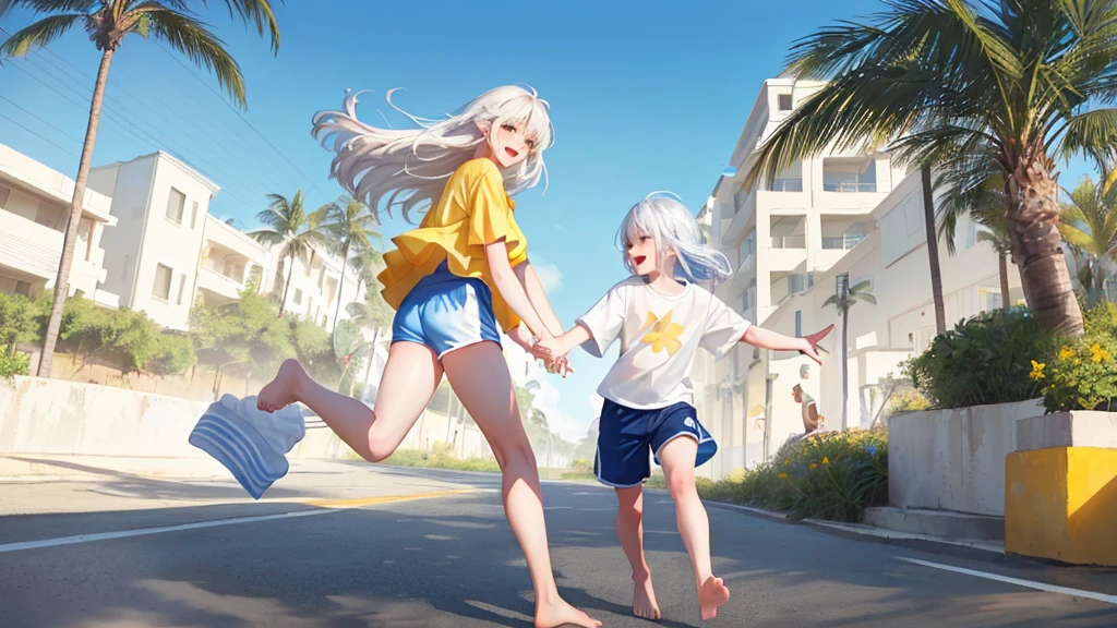 Walking barefoot together, then playfully racing ahead, they shared a joyful moment. The older figure has flowing white hair, a yellow shirt, and red shorts, while the younger one wears a blue and white shirt and black shorts. The setting is characterized by soft shades and an energetic, lively atmosphere.