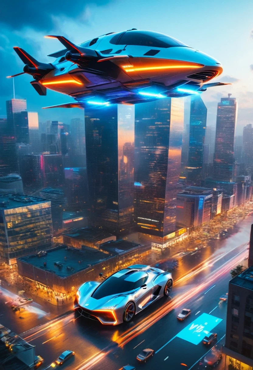 2050s - The Flying Car Concept
"Create a hyperrealistic image of a futuristic flying car from the 2050s, blending elements of both a car and an aircraft. The vehicle hovers above a bustling, neon-lit cityscape, with glowing thrusters and wings extended. The city below features advanced architecture with floating platforms and holographic billboards. The scene is vibrant and imaginative, representing the pinnacle of automotive evolution."