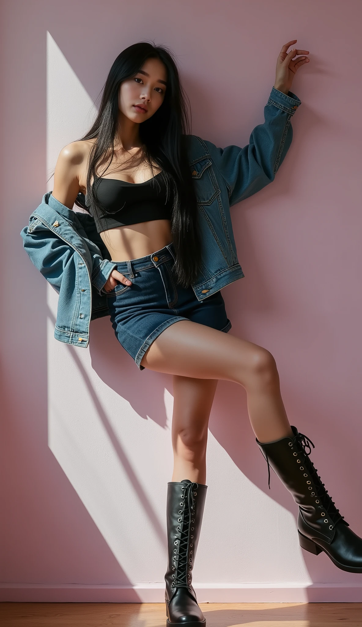 (full body shot:1) photorealistic image of a woman, ultrarealistic, photography, straight long black hair, asian woman, beautiful cute sexy asian 20 years old woman, hourglass figure, perfect body, Flirty look, natural big breasts, long eyelashes, cat eye make-up, double eyelids, sexy pose, erotic pose, seductive pose, big breasts, big tits, wearing denim tube top, cute mini skirt, wall pose, boots, jacket