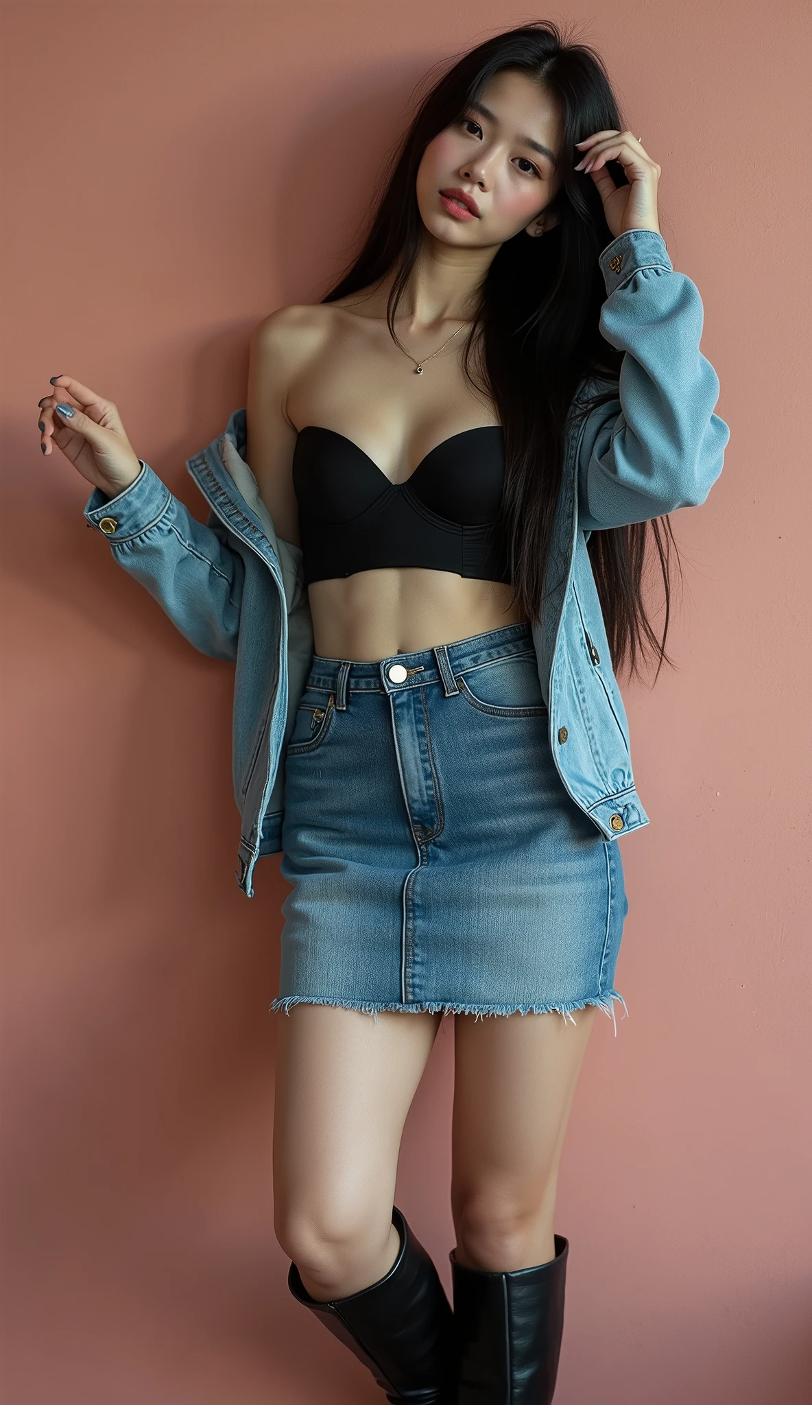 A very attractive 15-year-old girl, with facial symmetry, has a perfect and healthy female figure, a slim physical build. Her skin is clear and smooth, without imperfections, she has large and firm breasts, she is a professional seductress, she stands with her legs open. The girl is wearing a very short dress typical of the 80s, a denim microskirt characterized by vibrant colors, a blouse very low-cut with striking prints and tight shapes that emphasize the female figure, very daring clothing typical of exhibitionism, the clothing includes influences from punk, new wave and pop culture fashion in general, it is in a nightclub where individual expression is a through fashion and music, 18+, uncensored, (all realistic intricate details)