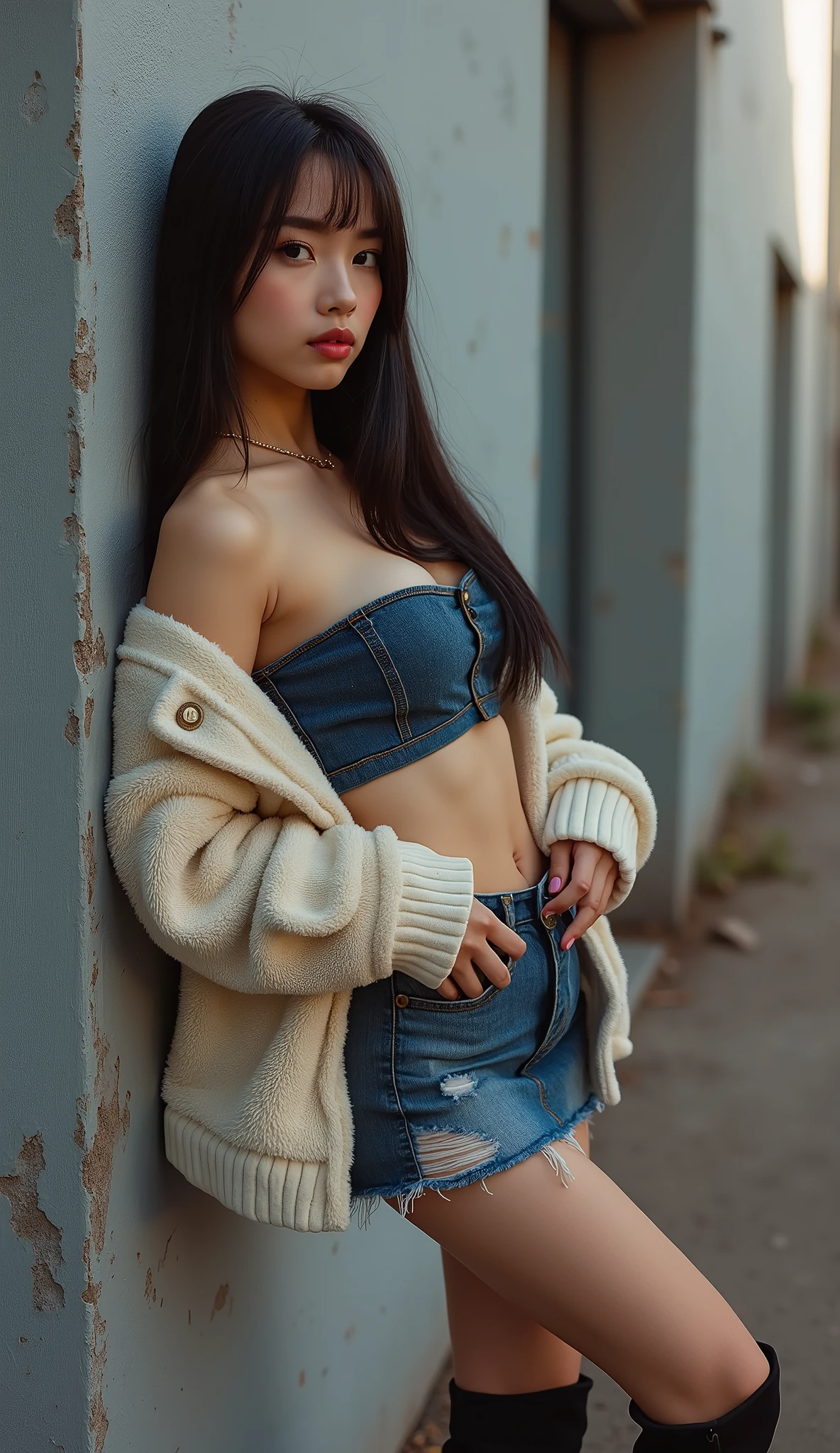 (full body shot:1) photorealistic image of a woman, ultrarealistic, photography, straight long black hair, asian woman, beautiful cute sexy asian 20 years old woman, hourglass figure, perfect body, Flirty look, natural big breasts, long eyelashes, cat eye make-up, double eyelids, sexy pose, erotic pose, seductive pose, big breasts, big tits, wearing denim tube top, cute mini skirt, wall pose, boots, jacket