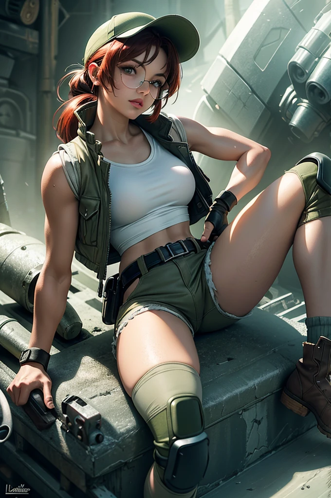 Fio Germi, Fio Germi from Metal Slug, lora.fio, glases, round glasses, redhead, pony tail hair, fringe, green eyes, wearing a white top, brown shorts, black torn tights, knee pads, black fingerless leather gloves, cap, green cap, black military boots, open green millitar mid jacket, beautiful detailed eyes, beautiful detailed lips, and extremely detailed face, hyperrealistic, 8k, photorealistic, concept art, digital painting, dramatic lighting, vivid colors, (insanely detailed, beautiful detailed face, beautiful detailed eyes, masterpiece, best quality), ruined city background, warzone, intricate background details, intrincate clothes patterns, sweet smilem running