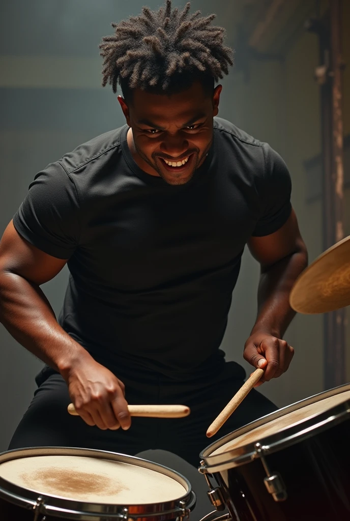 (photorealism:1.2), bald lukaku playing drums in black and white