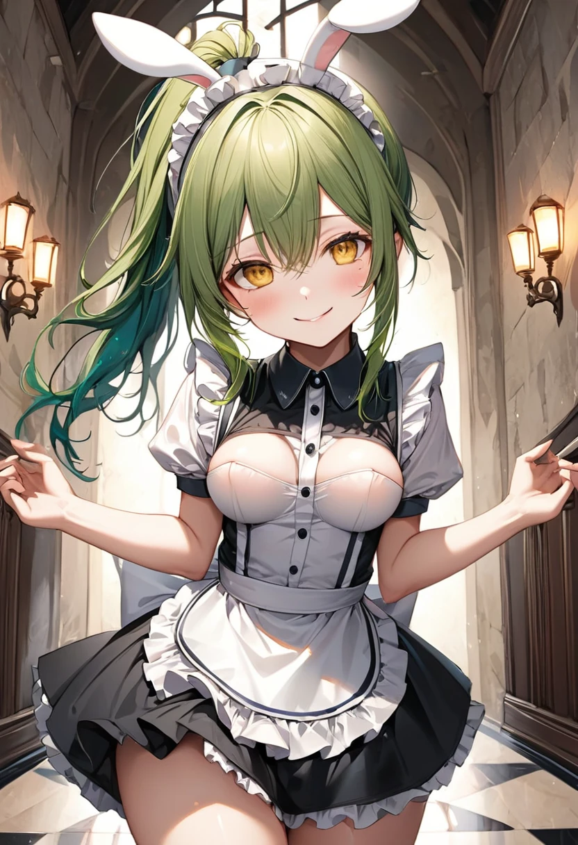 nsfw,Cowgirl,((Having sex)),vaginal penis,intercourse with a man, girl,Colossal tits,Smile with open mouth,short green hair,idol costume,corsets,hair adornments,Heterochromia,Top image quality,Best Quality