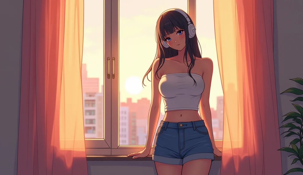 Lo-Fi, Masterpiece, Top Quality, Illustration, Ultra-Detail, Fine Detail, High Resolution, 8K Wallpaper, Perfect Dynamic Composition, Beautiful Eyes in Detail, Off Shoulder, Radiant Hair, Medium Hair, Natural Color Lips, College Student, 23 Year Old Girl, (Her Room), Slight Smile, Crouched Figure, (Large Natural Breasts:1. 5), ((Standing)), Cleavage, Exposed Upper Body:1. ) cleavage, upper body exposed: 1.3, beautiful breasts, ((see-through T-shirt)), (beautiful legs, thighs), shorts, (lower body: 1.5), ((sitting on chair, listening to music on computer with headphones)), (((full body shot, straight on, profile))), midnight, dark room, Sitting in a chair in a dark room,