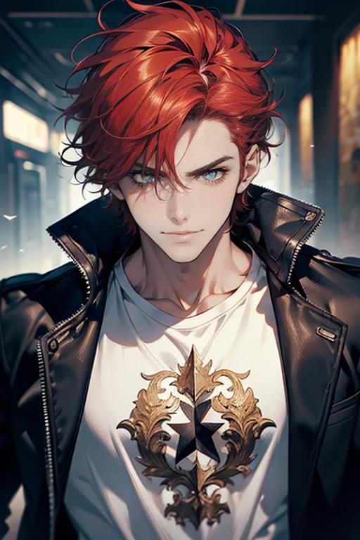 absurdres, highres, ultra detailed, HDR, master piece, best quality, extremely detailed face and eyes, perfect face, realistic face, beautiful eyes, Noctis Lucis Caelum, Red hair, expressive blue eyes, Final Fantasy xv, black jacket, black shirt, patterns, solo, man, handsome, smoking a cigarette, smoke, chain. {RED HAIR}