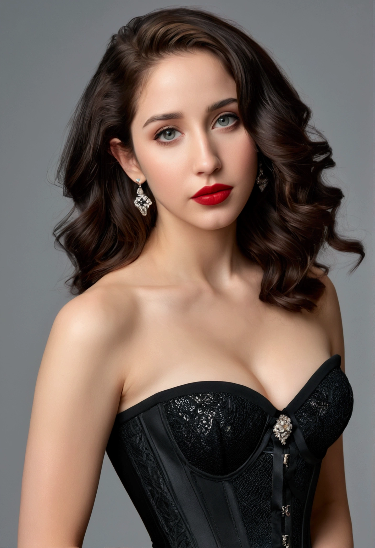 (best quality,4k,8k,highres,masterpiece:1.2),ultra-detailed,(realistic,photorealistic,photo-realistic:1.37), Emily Rudd, beautiful eyes,beautiful lips,detailed face,red lipstick,gorgeous woman, sexy black dress, sexy elegant fashion model, sexy elegant look,long eyelashes,confident expression,flawless skin,posing gracefully sexy,head to stomach shot, black mesh strapless corset, sexy naked medium Breasts,flowing fabric,soft and silky material,graceful movement,vibrant colors,artistic lighting,studio photo shoot, dreamy atmosphere