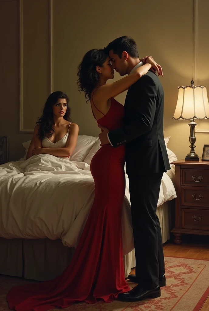 a woman in a red skirt who was with her husband in the room, but her lover is under the bed after almost being caught and waiting for the moment his partner's husband leaves the room so he can escape.
