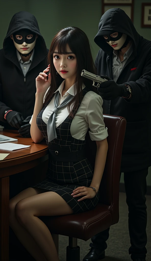 Japanese girl wearing a black suit, she is secret service, (((have a gun))), In a stadium full of people, very young girl, (((huge breasts))), (((realistic))), (((High resolution))), (((anatomically correct)))