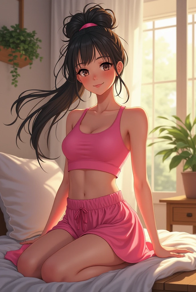 Hair: Very long brown hair in twin tails that reach back of knees. Eyes: Emerald green. Body Structure: Beautiful face + Huge soft breasts larger than head + Pink  + Large areola + Meaty waist + Wide hips + Tiny amount of stomach fat +Thick and soft thighs + Very large ass + Luscious lips + Long eyelashes, Outfit: Tight pink tank top + White thigh highs + Pink panties + Pink shorts in the apartment.