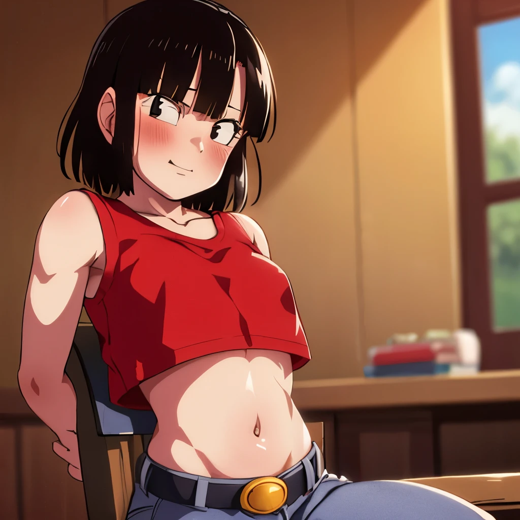 KIRUKO, 1 girl, work of art, standing alone, (best qualityer, perfect detailed, beautifully detailed face, detailedeyes), chestnut hair, Short pants, waist belt, jeans, panties at the waist, eyes browns, giorno, jeans, hinterland, camisa cropped |, ssmile, breastsout, big boobs, standing alone, sitting down, chair, blush, Domineering expression,  denim Short pants, show stomach, NSFW