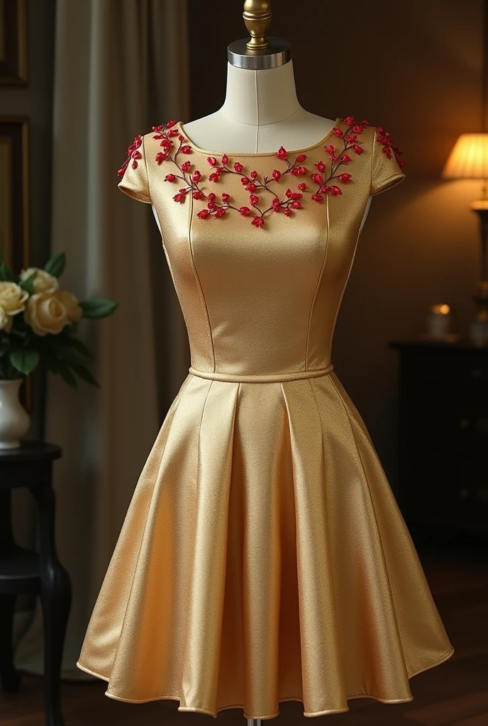 A blue-eyed child girl with brown hair parading she is wearing a stunning golden dress and a heel and is holding a red flower in her hand she is doing whole body image pose