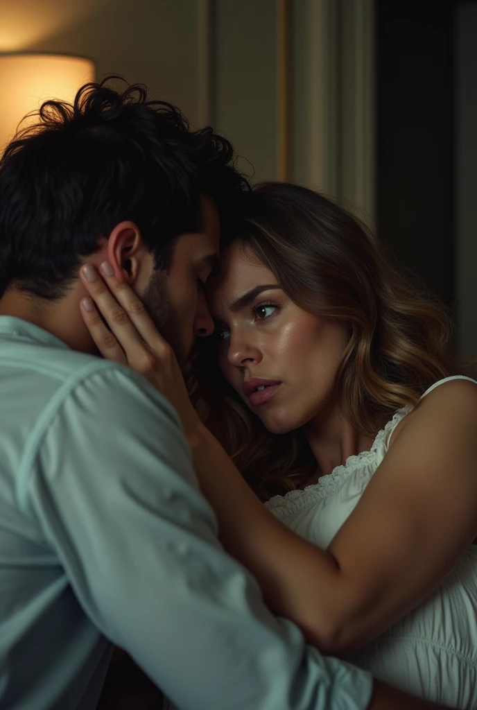 there is a man and woman hugging in front of a tv, full scene shot, full color still, color film still 1 9 7 7, screenshot from the 1983 film, scene from the film, high quality film still, still shot from movie, scene from starship, scene from a 1 9 7 3 film, film still from the movie, movie screen shot