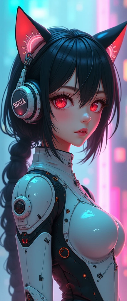 Anime girl in futuristic costume with cat ears and headphones., linda chica cyborg, cyberpunk anime digital art, cyberpunk anime girl mech, female cyberpunk anime girl, cyberpunk anime girl, beautiful cyborg girl, perfect android girl, anime ciberpunk, portrait anime girl space cadet, cyberpunk dreamy girl, digital cyberpunk - anime art, girl with mecha cybernetic armor, cyberpunk beautiful girl