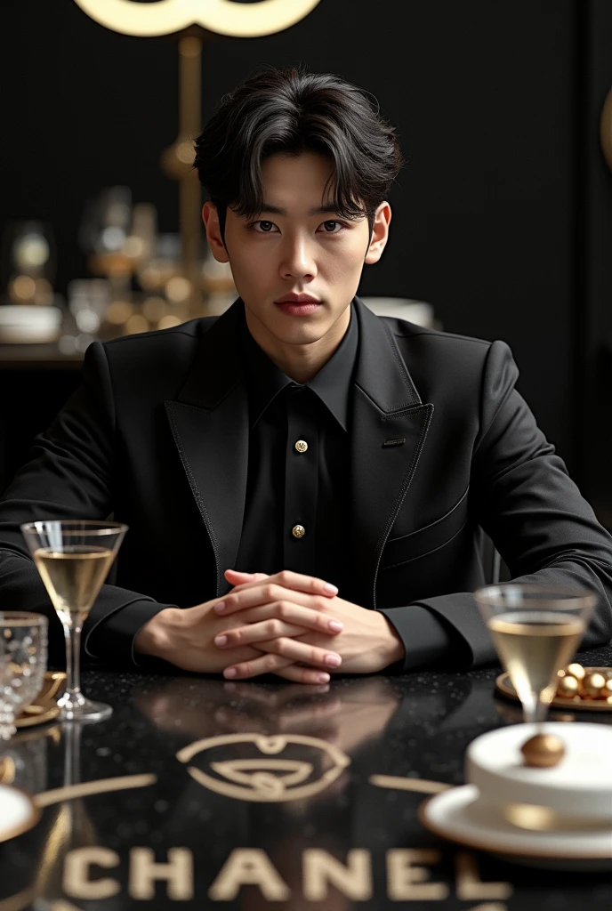 handsome Korean man with a goatee with strong blonde hair shirtless with a defined physique holding a glass of wine in black dress pants in a dining room at night, front view, k-idol, masterpiece