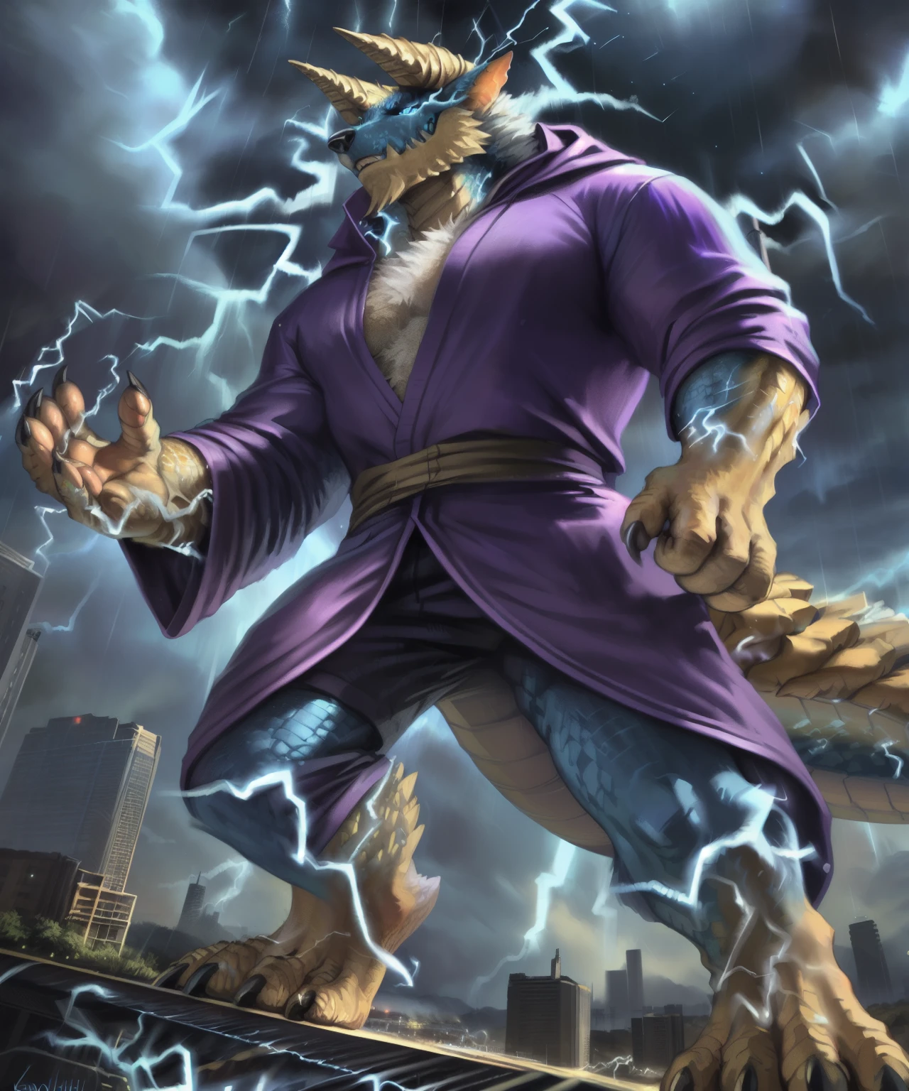 anthro,(zinogre:1.2),tail,((full body,blue eyes, blue body, white furry, yellow hand, yellow feet, blue face,4TOES,TAILS )),((horns)),((smooth skin)),DETAILED BACKGROUND, storm, (((electricity, rain))),
((PURPLE ROBE,)),magician, muscular male, scales, 
full body,
(by null-ghost,by raccoon21,by kenket, masterpiece, high quality, Unreal Engine,realistic, ), macro in city, low angle