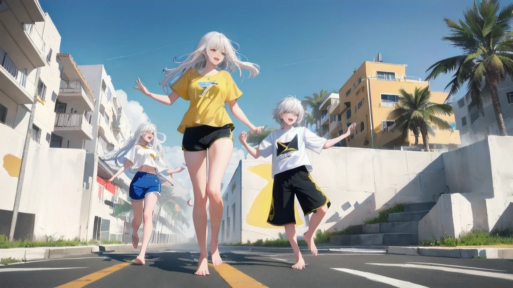 Walking barefoot together, then playfully racing ahead, they shared a joyful moment. The older figure has flowing white hair, a yellow shirt, and red shorts, while the younger one wears a blue and white shirt and black shorts. The setting is characterized by soft shades and an energetic, lively atmosphere.