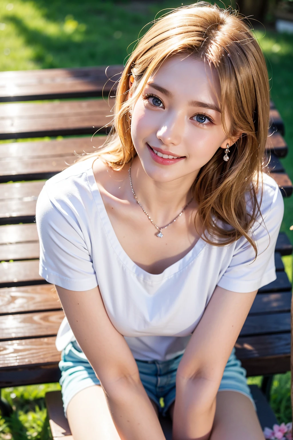 ((High-definition images, masterpiece, atmospheric perspective, 8K, Super detailed, Accurate, highest quality, single shot)), (casual style), Jacket, unbuttoned shirt, swollen areole, (round face, realistic eye size, droopy eyes, blush, smile), (((stand and spread your legs, ))), (in the forest, Mountain, rock, Narrow River, At night), blonde braid hair, small earrings, thin necklace, (light makeup), 
