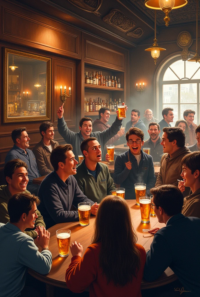 Three young redneck men drinking beer in a bar, dim lighting, sitting at a bar, counter,