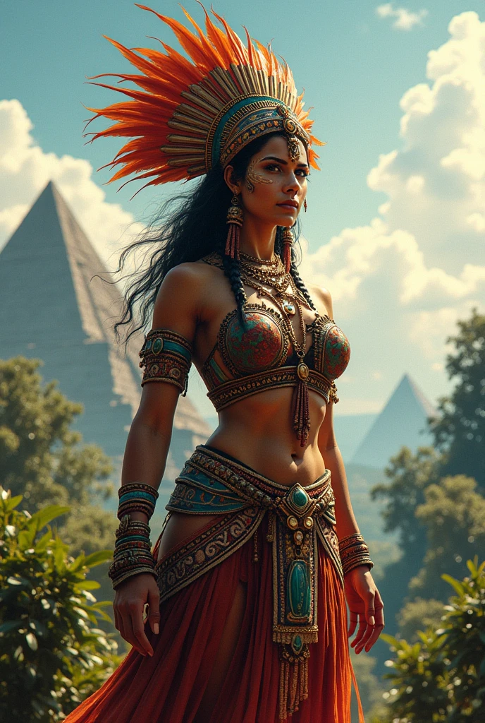 ((best quality)), (detailed), (vivid color), beautiful Mayan woman, (in front of the Mayan calendar), in the jungle, south American, Mayan, tribal, HDR, 4K, 3D