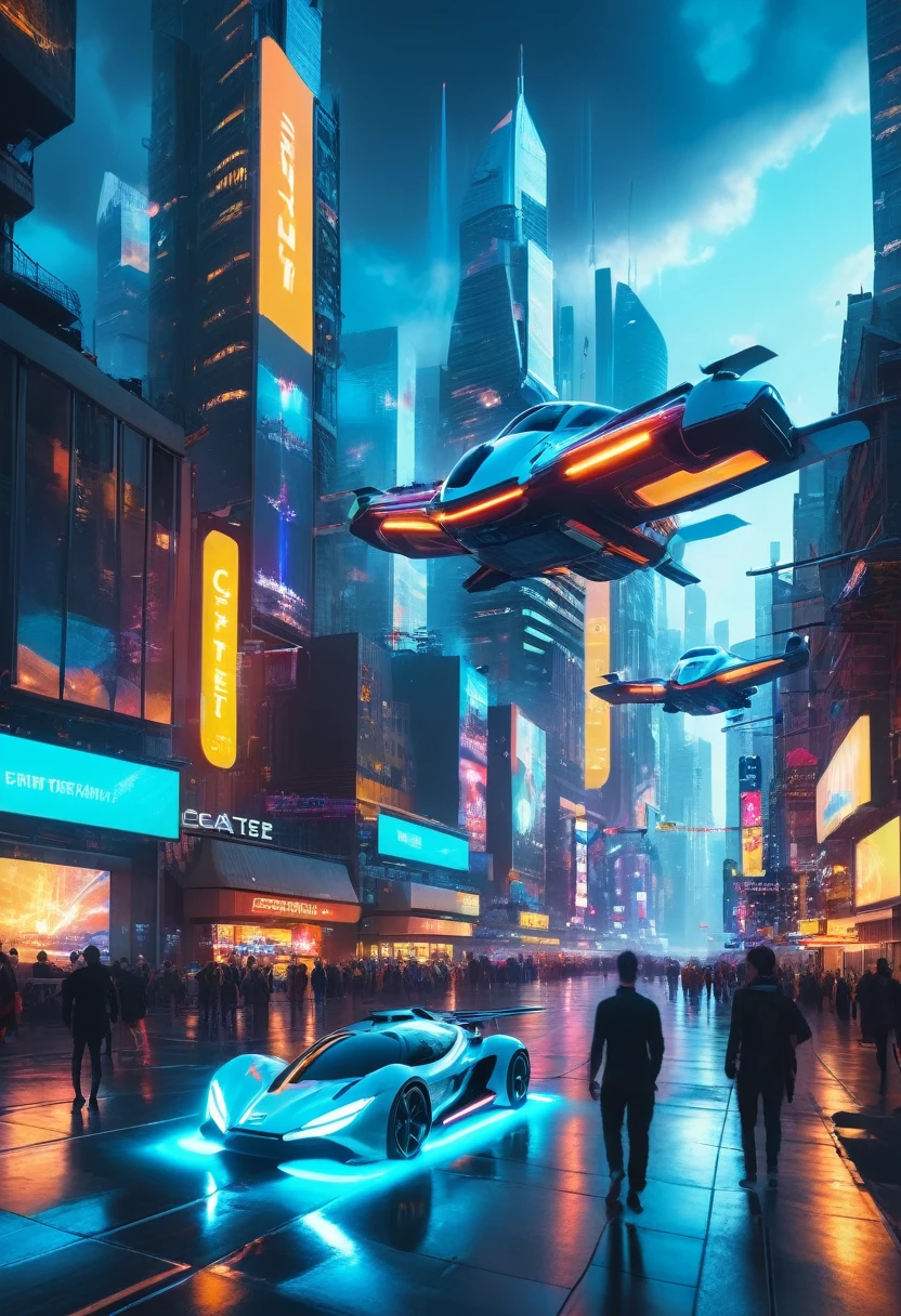 2050s - The Flying Car Concept
"Create a hyperrealistic image of a futuristic city 2050s, blending elements. wiev above a bustling, neon-lit cityscape, with glowing thrusters and wings extended. The city below features advanced architecture with floating platforms and holographic billboards. The scene is vibrant and imaginative, representing the pinnacle of automotive evolution."