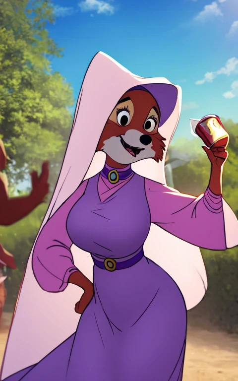 Cartoon_maidmarian_propiowaifu,
1 girl, furry, furry female, animal ears, black eyes, body fur, snout, two tone skin, orange fur, animal nose, Fangs,  cola,
dress, long sleeves, purple dress, veil, choker, jewelry, brooch, hood up, long dress, belt, joya, puffy sleeves,
((masterpiece)),((Best Quality)),(High resolution, absurdities), original, official_until, looking at the viewer, Alone, in focus, outdoor, day, cowboy shot, Huge and heavy breasts, woman clock figure.