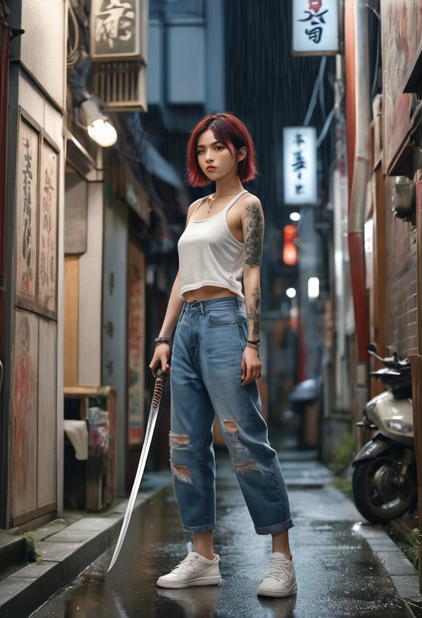 ８ｋ,Realistic Skin Texture、Superrealism、Realistic Photo、Japanese women、、Standing with a Japan sword、draw oneself up to one's full height.、The tip of the sword is pointed towards me、Tank top,Oversized jeans、sneakers、Shinjuku Back Alley、Innovative composition、Full body photo、、A wistful look、Tattoo、rain