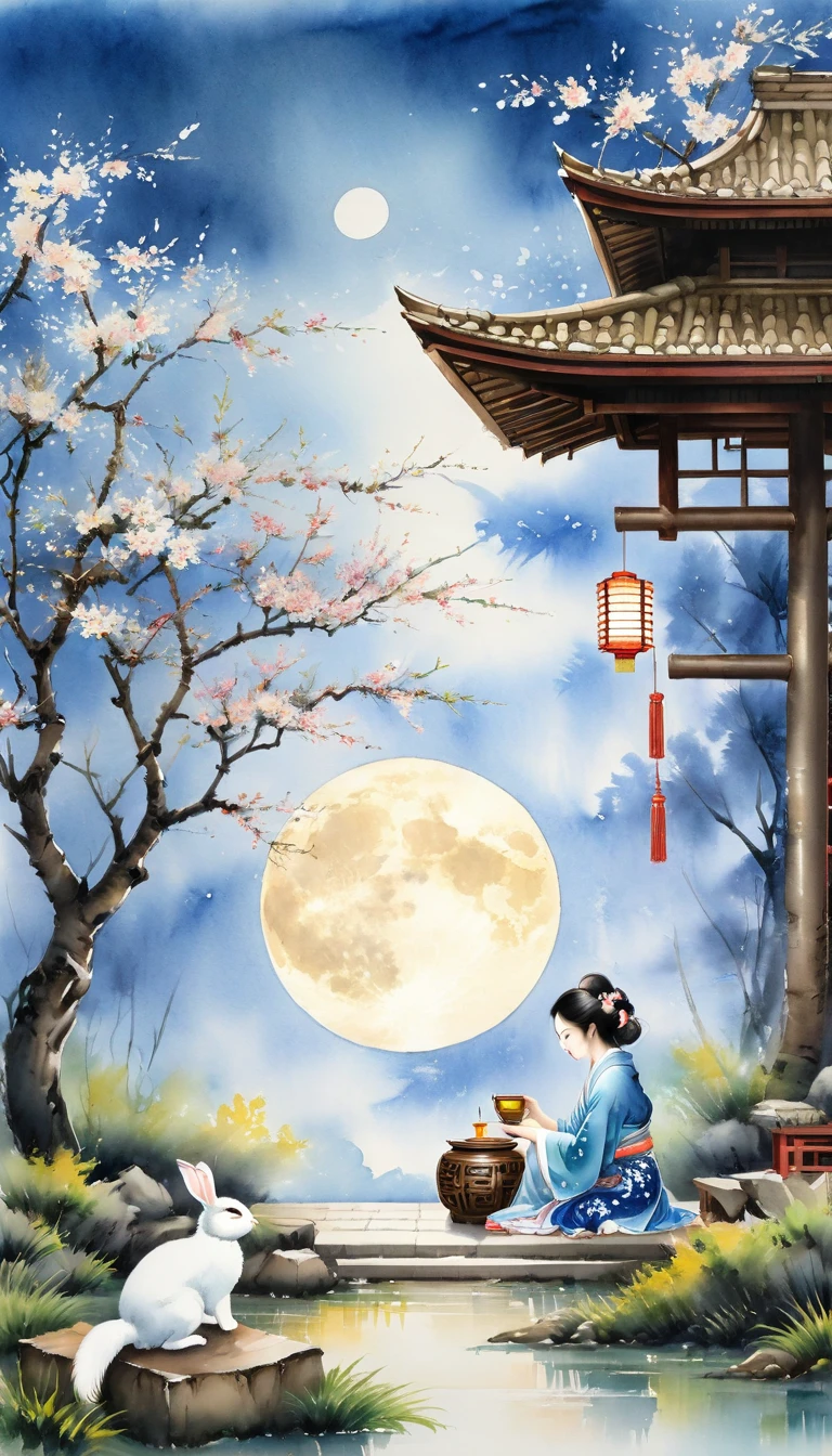 In the courtyard of ancient building.There is a lady under the cherry blossom tree.A lady rests on a bamboo chair under the tree.Drinking tea under the moon.Mid-Autumn Mooncakes.There is a white rabbit next to it.The moonlight illuminates the whole scene gently,To present a harmonious fusion of natural beauty and artistic charm。Watercolor painting with elegance、Quiet style expresses natural scenery,Integrate the essence of oriental art into it skillfully。Smooth strokes of ink、Elegant tones and rustic paper texture,Together we create a peaceful and peaceful artistic atmosphere.。The overall effect appropriately reflects the inner charm of oriental art。