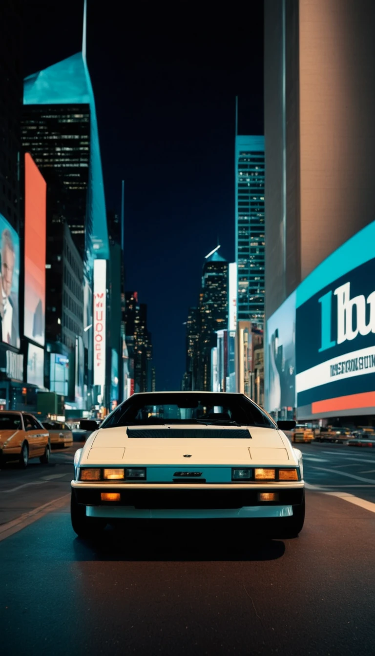 1980s - Modernization and Speed "Create a high-quality image of a 1980s sports car, featuring sharp angles and a low, aerodynamic profile. The car is driving on a night city street at night, with billboards and towering skyscrapers in the background. The scene is energetic and dynamic, capturing the mood and modernity of the era."